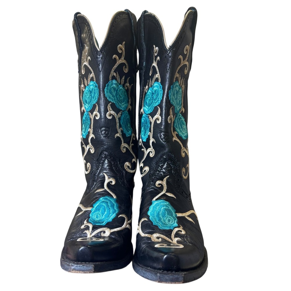 Ariat Black Leather Turquoise Floral Embroidered Snip Toe Western Boots 7 B - Picture 7 of 14